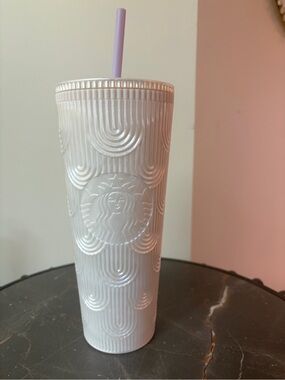 Starbucks Pearl White Textured Tumbler with Lilac Straw